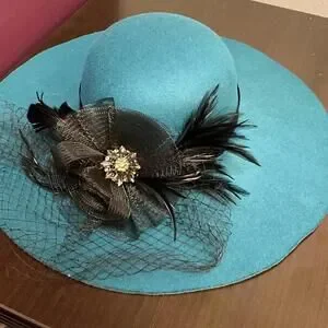 Accessories | Wide Brim Teal Derby Church Hat Black Feathers  display picture 2